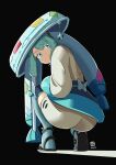  1girl ass automatic_giraffe black_background blue_hair blue_thighhighs bow hatsune_miku highres large_hat looking_at_viewer pokemon sand short_hair signature star_(symbol) thighhighs 