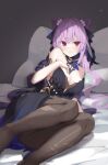  1girl absurdres bare_shoulders black_pantyhose black_ribbon blush breasts cleavage closed_mouth furrowed_brow genshin_impact hair_between_eyes highres keqing_(genshin_impact) keqing_(opulent_splendor)_(genshin_impact) large_breasts long_hair looking_at_viewer on_bed opm7760 pantyhose pillow purple_eyes red_eyes ribbon shadow sitting solo 
