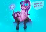  blush butt clothing collar english_text equid equine female feral friendship_is_magic fur genitals hair hasbro hi_res horn horse legwear looking_at_viewer mammal mistleinn my_little_pony pony purple_body purple_eyes purple_hair pussy simple_background sitting smile solo starlight_glimmer_(mlp) stockings text unicorn 