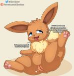  &lt;3 animal_genitalia blush bodily_fluids brown_body brown_fur canid canine cloudeon digital_media_(artwork) eevee eeveelution english_text female feral fur generation_1_pokemon genital_fluids genitals hi_res looking_at_viewer mammal nintendo nude open_mouth patreon pokemon pokemon_(species) pussy simple_background smile solo spread_legs spreading tail text twitter 
