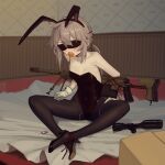  1girl ahoge animal_ears black_leotard black_pantyhose blindfold blush bolt_action breasts cad_(caddo) carrot cheytac_m200 gag girls&#039;_frontline gloves grey_hair gun hair_between_eyes high_heels highres improvised_gag leotard looking_at_viewer m200_(girls&#039;_frontline) navel necktie pantyhose playboy_bunny ponytail purple_eyes rabbit_ears restrained rifle sitting small_breasts sniper_rifle solo weapon white_gloves 