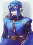  1boy belt blue_eyes dragon_quest dragon_quest_ii gloves goggles goggles_on_headwear hat highres male_focus prince_of_lorasia shield simple_background solo yuza 