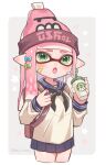  +_+ :o artist_name backpack bag bandage_on_face bandages beanie blush border commentary_request cowboy_shot cup dot_nose green_eyes grey_background hair_ornament hairclip hat highres inkling inkling_girl long_hair pink_hair pink_headwear red_bag school_uniform serafuku shina_shina standing starbucks white_border white_serafuku 