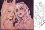  2girls ahri_(league_of_legends) animal_ears asymmetrical_bangs bare_shoulders biting blonde_hair blue_eyes blue_eyeshadow blush breasts dated demon demon_girl evelynn_(league_of_legends) eyeshadow fox_ears fox_girl highres kiss league_of_legends lip_biting long_hair looking_at_viewer makeup medium_breasts messy_hair multiple_girls parted_lips red_lips seansketches sidelocks signature slit_pupils the_baddest_ahri the_baddest_evelynn unfinished upper_body white_hair yellow_eyes yuri 