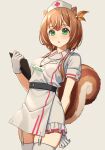  1girl :o animal_ears ayunda_risu belt breasts brown_hair clipboard garter_straps gloves green_eyes grey_background hair_ornament hairclip hat highres holding holding_clipboard hololive hololive_indonesia kangbus leaf_hair_ornament low_twintails name_tag nurse nurse_cap rubber_gloves short_hair sleeves_rolled_up solo squirrel_ears squirrel_girl squirrel_tail tail thick_thighs thighhighs thighs twintails virtual_youtuber 