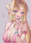  1girl :d arm_under_breasts armlet bikini blonde_hair blue_eyes blush bracelet breasts cleavage earrings elf fang finger_to_cheek halterneck hand_up jewelry large_breasts long_hair looking_at_viewer necklace open_mouth pink_bikini pointy_ears princess_zelda shuri_(84k) simple_background skin_fang smile solo swimsuit the_legend_of_zelda twitter_username upper_body 