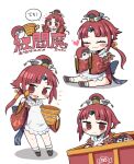  1girl :3 animal apron back_bow benienma_(fate) bird bird_hat blue_bow blunt_bangs blush_stickers bow box bucket character_name chibi ebi_gohan eurasian_tree_sparrow fate/grand_order fate_(series) heart highres holding holding_animal holding_bird holding_bucket holding_spoon in_box in_container japanese_clothes kappougi kimono long_hair low_ponytail multiple_views no_pants notice_lines ohitsu okobo parted_bangs red_hair red_kimono shamoji short_kimono smile socks sparrow speech_bubble spoon translation_request v-shaped_eyebrows white_apron white_background white_socks wide_sleeves wooden_spoon 