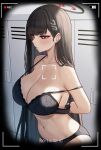  1girl adjusting_bra adjusting_clothes bare_shoulders black_hair black_halo black_panties blue_archive blush bra breasts cleavage collarbone commentary hair_behind_ear hair_ornament hairclip hairpin halo highres indoors large_breasts locker locker_room long_hair looking_ahead mijikayo_(user_eyyx8247) navel panties parted_bangs parted_lips record recording red_eyes red_halo rio_(blue_archive) solo stomach straight_hair strap_gap strap_slip symbol-only_commentary underwear upper_body 