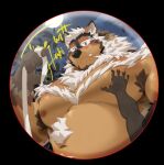  1boy animal_ears bandages bara black_fur blush boogbogex brown_eyes brown_fur chest_hair dog_boy dog_ears fang fang_out feeling_body_hair full_moon furry furry_male grabbing haki_(boogbogex) halloween huge_pectorals jitome looking_at_viewer male_focus merchandise_available moon muscular muscular_male navel nipples nude orange_fur original pectoral_grab pov pov_hands sanpaku second-party_source short_hair solo_focus stomach thick_eyebrows thick_navel_hair upper_body whiskers white_fur 