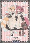  2girls alternate_costume animal_ear_fluff animal_ears apron arknights artist_name black_collar black_dress black_footwear boots braid brown_footwear chinese_commentary collar collared_dress commentary_request cupcake dress enmaided fang food fox_ears fox_girl fox_tail frilled_apron frills full_body green_eyes highres holding holding_stuffed_toy holding_tray infection_monitor_(arknights) kitsune kyuubi long_sleeves maid maid_apron matching_outfit medium_dress morte_(arknights) multiple_girls multiple_tails open_mouth pantyhose parted_lips puffy_long_sleeves puffy_sleeves purple_eyes red_(girllove) shamare_(arknights) shoes short_hair stuffed_toy suzuran_(arknights) tail tray twin_braids twintails white_pantyhose 
