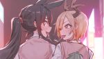  2girls animal_ears antlers black_hair blonde_hair blush dragon_girl dragon_horns highres horns horse_ears kicchou_yachie kurokoma_saki long_hair multiple_girls red_eyes saliva senmura short_hair tongue touhou turtle_shell yuri 