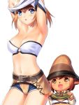  1boy 1girl :d :o armpits arms_up avatar_(ff11) belt belt_buckle black_bra blonde_hair blue_eyes blue_shorts bra breasts brown_belt brown_eyes brown_hair brown_headwear buckle cleavage clothes_lift collarbone final_fantasy final_fantasy_xi hair_between_eyes hat hume medium_breasts midriff multicolored_clothes multicolored_shorts navel neck_ribbon open_mouth orange_ribbon pointy_ears ribbon shirt_lift short_hair short_shorts shorts simple_background smile strapless strapless_bra taisai_soft tarutaru two-tone_bra underwear white_background white_bra white_shorts yellow_shorts 