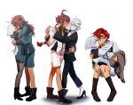  2girls ahoge asticassia_school_uniform blush boots carrying closed_eyes couple dancing earrings grey_hair gundam gundam_suisei_no_majo hair_down hairband high_heels highres hug jewelry kiss korean_commentary long_hair looking_at_viewer miorine_rembran multiple_girls multiple_views no_shoes nyong-choi official_alternate_hair_length official_alternate_hairstyle pantyhose ponytail princess_carry red_hair ring school_uniform short_hair shorts simple_background smile socks suit suletta_mercury thick_eyebrows wedding_ring white_background wife_and_wife 