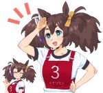  1girl :d ^_^ animal_ears arm_up brown_hair closed_eyes fang fox_mask fox_shadow_puppet green_eyes grin gym_shirt hair_between_eyes hand_on_own_hip horse_ears inari_one_(umamusume) mask mask_on_head multiple_views puffy_short_sleeves puffy_sleeves race_bib shading_eyes shirt short_eyebrows short_sleeves smile thick_eyebrows twintails umamusume wakaho_riku white_shirt 