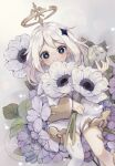  1girl anemone_(flower) artist_name black_eyes blush bright_pupils bud closed_mouth commentary_request eyelashes feet_out_of_frame flower genshin_impact gold_trim grey_background hair_between_eyes hair_ornament halo hand_up highres holding holding_flower hydrangea leaf lens_flare long_sleeves looking_at_viewer medium_hair mixed-language_commentary paimon_(genshin_impact) purple_flower quiss sidelocks simple_background single_thighhigh smile solo split_mouth star_(symbol) star_hair_ornament thighhighs watermark white_flower white_hair white_pupils white_thighhighs wide_sleeves 