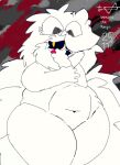  abstract_background anthro artist_name belly beware_the_reign big_belly black_inner_ear_fluff black_sclera canid canine cumulonimbus(btr) dark_background dated featureless_crotch female fluffy fluffy_hair fur hair hand_infront_of_mouth inner_ear_fluff mammal multi_tail nude open_mouth overweight overweight_female scared signature solo tail thick_thighs tuft were werecanid werecanine werewolf white_body white_ears white_fur white_tail yellow_eyes 