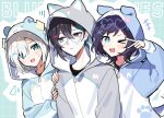  1boy 2girls aiba_uiha animal_hood ars_almal black_hair blue_eyes blue_hair blues_(nijisanji) blush cat_hood dog_hood drawn_eyewear grey_hair hair_ornament hair_over_one_eye hamster_hood hood mayuzumi_kai mole mole_under_eye multicolored_hair multiple_girls nijisanji purple_hair short_hair streaked_hair virtual_youtuber waka_(wk4444) x_hair_ornament 