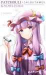  1girl blue_bow bow capelet character_name chemical_structure closed_mouth commentary crescent crescent_pin hair_bow hat highres inhaler kuneamorai long_hair mob_cap molecule patchouli_knowledge pink_headwear purple_capelet purple_eyes purple_hair red_bow sidelocks simple_background smile solo touhou upper_body white_background 