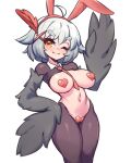  1girl absurdres ahoge animal_ears bebatch black_feathers black_wings covered_nipples fake_animal_ears feathered_wings feathers grey_hair harpy heart_maebari heart_pasties highres looking_at_viewer maebari meme_attire monster_girl navel one_eye_closed original pasties rabbit_ears reverse_bunnysuit reverse_outfit short_hair simple_background solo thick_eyebrows white_background winged_arms wings yellow_eyes 