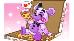 &lt;3 accessory animatronic bear black_nose bow_tie buckteeth button_(fastener) cheek_spots cheese cheese_string clothing dairy_products digital_drawing_(artwork) digital_media_(artwork) eating eating_food eating_pizza english_text eyebrows eyes_closed featureless_feet fingers five_nights_at_freddy&#039;s food freddy_fazbear&#039;s_pizzeria_simulator hat headgear headwear helpy_(fnaf) hi_res holding_object leaning leaning_back machine male mammal mostly_nude open_mouth pepperoni pepperoni_pizza pizza pizza_box pizza_slice purple_body raised_arm red_cheeks robot robotic_arm robotic_leg scottgames simple_background sitting smile solo speech_bubble squirrelman star teeth text top_hat white_body 
