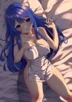  1girl absurdres ambasa blue_eyes blue_hair blush breasts caeda_(fire_emblem) cleavage commentary_request commission feet_out_of_frame fire_emblem fire_emblem:_mystery_of_the_emblem fire_emblem:_shadow_dragon_and_the_blade_of_light highres large_breasts long_hair lying multiple_sources naked_towel on_back open_mouth skeb_commission towel 