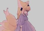  1girl alternate_costume animal_ears arknights arms_at_sides artist_name black_bow black_hairband blonde_hair blush bow chromatic_aberration closed_mouth collared_dress cowboy_shot dress fox_ears fox_girl fox_tail from_side green_eyes hair_bow hairband highres kitsune long_sleeves looking_down multiple_tails niwatori_(akira_207) profile puffy_long_sleeves puffy_sleeves purple_dress sad simple_background sleeve_cuffs sleeves_past_elbows solo suzuran_(arknights) tail tearing_up watermark 