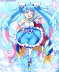  1girl ;d ankle_boots blue_cape blue_dress blue_eyes blue_footwear blue_hair boots cape commentary crossed_legs cure_sky cut_bangs dated detached_sleeves dress earrings fingerless_gloves fringe_trim full_body gloves hand_on_own_hip hanzou highres hirogaru_sky!_precure jewelry long_hair looking_at_viewer magical_girl multicolored_hair on_liquid one_eye_closed open_mouth pink_hair precure puffy_detached_sleeves puffy_sleeves red_cape single_earring single_sidelock sleeveless sleeveless_dress smile solo sora_harewataru sparkle standing standing_on_liquid streaked_hair thighhighs twintails twitter_username two-sided_cape two-sided_fabric very_long_hair w white_gloves white_thighhighs wing_hair_ornament 
