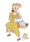  1girl animal_ear_fluff animal_ears bag blonde_hair candy_apple chest_sarashi coyopotato coyote_(kemono_friends) eating floral_print food geta holding holding_bag japanese_clothes kemono_friends kemono_friends_v_project kimono kishida_shiki kyoufuu_all_back_(vocaloid) lucky_beast_(kemono_friends) multicolored_hair obi open_clothes open_kimono print_kimono sarashi sash short_hair tail virtual_youtuber wide_sleeves wolf_ears wolf_tail yellow_eyes yellow_kimono 