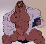  balls beast_(disney) beauty_and_the_beast blue_eyes clothed clothing disney doctor facial_hair genitals goatee horn humanoid_genitalia humanoid_penis male medical_instrument monster navel nipples open_clothing open_shirt open_topwear pecs penis remert scientific_instrument shirt solo stethoscope topwear unprofessional_behavior 