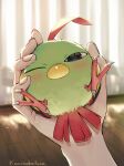  1other artist_name beak bird black_eyes blush curtains feathers green_fur highres holding indoors kaminokefusa looking_at_viewer natu one_eye_closed pokemon pokemon_(creature) pokemon_(game) pokemon_gsc pov pov_hands red_feathers 