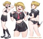  1girl blonde_hair blush boku_no_hero_academia double_bun earrings fangs hair_bun hands_on_own_face highres jewelry knife looking_at_viewer looking_back midriff necktie no_pants no_shirt panties school_uniform shoes skirt sneakers ti_keep toga_himiko tongue tongue_out underwear v 