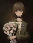  1girl absurdres aqua_eyes badge black_choker bouquet brown_background brown_hair brown_jacket button_badge choker closed_mouth commentary_request flower highres holding holding_bouquet jacket light_blush looking_at_viewer medium_hair mole mole_under_eye original pink_flower shirt simple_background solo subfiction suit_jacket upper_body white_shirt 