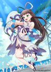  6+girls :d anne_(wixoss) bikini blue_sky blush brown_hair cloud day detached_sleeves green_eyes hair_ribbon hand_up high_heels holding holding_microphone horizon long_hair microphone multiple_girls ocean official_art outdoors outstretched_arm people puffy_short_sleeves puffy_sleeves purple_bikini purple_footwear ribbon sandals sarong see-through see-through_sleeves short_sleeves sky smile solo_focus starfish swimsuit very_long_hair water wide_sleeves wixoss yamabukiiro 