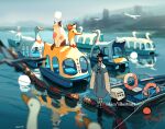  1boy animal artist_name bird black_headwear boat buoy cat crown goose korean_clothes lifebuoy nadia_kim ocean original outdoors oversized_animal reflection seagull smile standing very_long_sleeves watercraft 