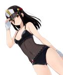  1girl black_hair black_one-piece_swimsuit breasts brown_eyes collarbone commentary covered_navel fingerless_gloves fishnet_swimsuit gloves hat highres long_hair looking_at_viewer madanai_(morisumeshi) military military_hat military_uniform morag_ladair_(obligatory_leave)_(xenoblade) morag_ladair_(xenoblade) navel official_alternate_costume one-piece_swimsuit see-through_swimsuit short_hair simple_background small_breasts smile solo sweat swimsuit uniform visor_cap white_background white_gloves xenoblade_chronicles_(series) xenoblade_chronicles_2 