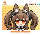  1girl :3 angelina_(arknights) angelina_(endfield)_(arknights) animal_ears arknights arknights:_endfield blush border character_name chibi color_guide commentary dog-san fox_ears fox_girl headpiece highres looking_at_viewer open_mouth orange_background orange_eyes signature smile solo twintails upper_body wavy_hair 