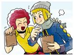  2boys afro bag beanie blonde_hair blue_eyes choker collarbone collared_shirt eating flint_(pokemon) food grey_headwear hat hmtmgl holding holding_food looking_at_another male_focus multiple_boys open_mouth paper_bag pokemon pokemon_(game) pokemon_dppt red_hair scarf shirt smile volkner_(pokemon) 