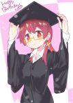  1girl arms_up black_headwear black_robe commentary doku_momo dot_nose glasses hair_between_eyes hands_on_headwear happy_birthday hat highres long_hair long_sleeves looking_at_viewer low_twintails mortarboard murosaki_miyo onii-chan_wa_oshimai! red_eyes red_hair robe semi-rimless_eyewear shirt simple_background smile solo sparkle twintails under-rim_eyewear upper_body white_shirt wide_sleeves wing_collar yellow_eyes 