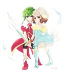  2girls 72yan asellus_(saga_frontier) bare_shoulders bike_shorts blue_eyes boots breasts brown_hair dress flower full_body gloves green_hair high_heel_boots high_heels long_hair looking_at_viewer multiple_girls princess_white_rose rose saga saga_frontier short_hair simple_background skirt sword weapon white_background 