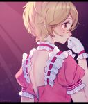  1boy black_border blonde_hair border crossdressing dress ensemble_stars! facing_ahead gloves looking_to_the_side male_focus mashiro_tomoya multicolored_background orange_eyes parted_lips pink_background pink_dress purple_background rinndouk rosicrucian_story_(ensemble_stars!) solo twitter_username unzipped white_gloves 