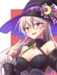  :d bare_shoulders black_dress blush bow breasts cleavage corrin_(female)_(fire_emblem) corrin_(female)_(halloween)_(fire_emblem) corrin_(fire_emblem) dress earrings fire_emblem fire_emblem_fates fire_emblem_heroes grey_hair hair_between_eyes halloween_costume hat hat_bow highres jewelry long_sleeves minamonochaba official_alternate_costume open_mouth pointy_ears purple_bow red_eyes smile upper_body witch_hat 