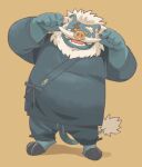  2023 anthro asian_clothing belly big_belly blue_body clothing crave_saga east_asian_clothing garouzuki hi_res humanoid_hands japanese_clothing kemono male mammal mature_male overweight overweight_male raikiri_(crave_saga) simple_background solo suid suina sus_(pig) wild_boar 