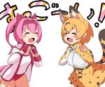  2girls animal_ears bandaid bare_shoulders blonde_hair blush blush_stickers bow bowtie buruma cat_ears cat_girl cat_tail closed_eyes cowboy_shot ear_covers elbow_gloves extra_ears fingerless_gloves gloves hair_between_eyes hairband haru_urara_(umamusume) high-waist_skirt horse_ears horse_tail jacket kemono_friends multiple_girls open_mouth pink_hair pink_tail ponytail print_bow print_bowtie print_gloves print_skirt red_buruma red_gloves red_trim serval_(kemono_friends) serval_print shiromeshi_(humituki0730) shirt short_hair sidelocks skirt sleeveless smile sportswear t-shirt tail translation_request umamusume white_gloves white_jacket white_shirt 