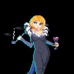  1girl alcohol benedikta_harman black_background blonde_hair blue_eyes bodysuit breasts covered_navel cup drinking_glass feather_collar final_fantasy final_fantasy_xvi fur_collar fur_trim highres holding holding_cup holding_smoking_pipe leather leather_vest low_neckline pixel_art pixelartds short_hair simple_background skin_tight smoking smoking_pipe solo standing wine wine_glass 