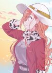  1girl animal_print arisugawa_natsuha belt belt_buckle black_skirt blush breasts buckle cleavage closed_mouth cloud cow_print earrings from_side fur-trimmed_jacket fur_trim gradient_sky grey_shirt hand_in_own_hair hand_up hat idolmaster idolmaster_shiny_colors jacket jewelry large_breasts long_hair long_sleeves looking_at_another miyama_okara orange_hair print_scarf red_jacket scarf shirt skirt sky smile solo triangle_earrings upper_body white_belt white_headwear 