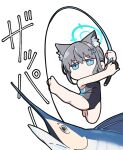  1girl animal animal_ear_fluff animal_ears bare_arms bare_legs bare_shoulders barefoot blue_archive blue_eyes chibi commentary_request fish fishing_line fishing_rod grey_hair hair_between_eyes hair_ornament halo holding holding_fishing_rod marlin_(fish) nyaru_(nyaru_4126) shiroko_(blue_archive) shiroko_(swimsuit)_(blue_archive) simple_background solo v-shaped_eyebrows white_background 