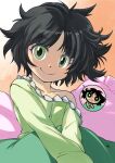  1girl animification black_hair blanket buttercup_(ppg) buttercup_redraw_challenge_(meme) closed_mouth collarbone eyelashes green_eyes green_pajamas highres long_sleeves meme messy_hair muramasa_mikado off_shoulder pajamas parted_bangs powerpuff_girls reference_inset short_hair single_bare_shoulder smile solo under_covers v_arms 