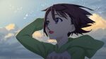  1girl :d adjusting_hair akamatsu_ken bird black_hair blue_eyes blue_sky close-up clothes_writing cloud commentary cumulonimbus_cloud floating_clothes floating_hair flock from_side green_hoodie hand_to_head highres hood hood_down hoodie long_sleeves looking_ahead love_hina maehara_shinobu messy_hair open_mouth outdoors profile raglan_sleeves short_hair sky smile solo textless_version two-tone_hoodie white_hoodie wind 