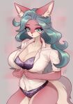  5_fingers anthro big_breasts blue_eyes blue_hair bra breasts canid canine cleavage clothed clothing digital_media_(artwork) eyelashes female fingers fox frilly frilly_bra frilly_clothing frilly_panties frilly_underwear fullpillow_(artist) fur hair hi_res huge_breasts inner_ear_fluff lingerie long_hair looking_at_viewer mammal multicolored_body multicolored_fur nipple_outline open_mouth panties purple_bra purple_clothing purple_panties purple_underwear shirt simple_background solo tail thick_thighs topwear tuft two_tone_body two_tone_fur underwear undressing white_clothing white_shirt white_topwear 