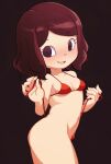  1girl animal_crossing arched_back bare_arms bare_shoulders bikini breasts cleavage collarbone cowboy_shot dark_red_hair fingernails hands_up highres looking_to_the_side muramasa_mikado navel open_mouth purple_eyes red_bikini short_hair small_breasts smile solo standing swimsuit thighs untied_bikini villager_(animal_crossing) 